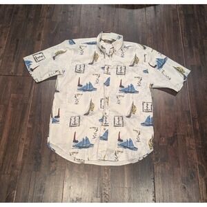 Vintage Cafe Luna Sailboat Print Button Down Cotton Hawaiian Shirt Mens S 34/36